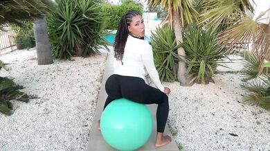 thick ebony bounces on gym ball her big tits jiggle raw solo