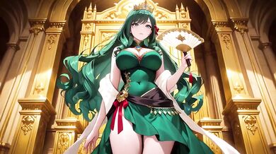 Green Queen melted on golden throne her gown barely covered what’s beneath