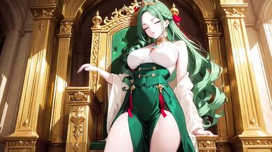 Green Queen melted on golden throne her gown barely covered what’s beneath