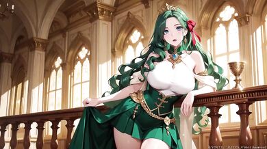 Green Queen melted on golden throne her gown barely covered what’s beneath