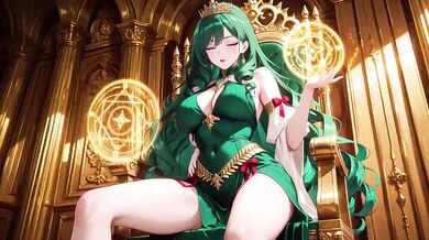 Green Queen melted on golden throne her gown barely covered what’s beneath