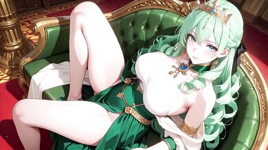 Green Queen melted on golden throne her gown barely covered what’s beneath
