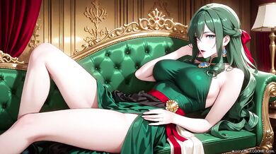 Green Queen melted on golden throne her gown barely covered what’s beneath