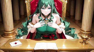 Green Queen melted on golden throne her gown barely covered what’s beneath