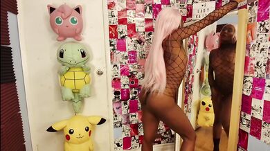 Horny ebony LadyKaiyo flexes in tiny black bodysuit before getting ruined