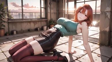 Redhead anime bitch gushes hard doggy style in ruins while heels drip wet