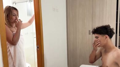 Step mom shower showered big asses in creamy cum while teen stepbro decides to watch