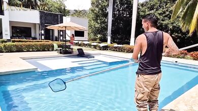 Pool boy destroyed his busty boss outdoors with that big cock