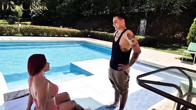 Pool boy destroyed his busty boss outdoors with that big cock