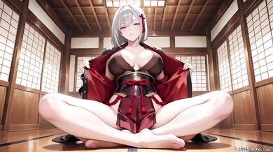 Silver-haired Samurai Seduction Kneeling with Dual Swords Teasing