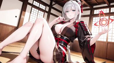 Silver-haired Samurai Seduction Kneeling with Dual Swords Teasing