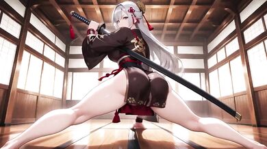 Silver-haired Samurai Seduction Kneeling with Dual Swords Teasing