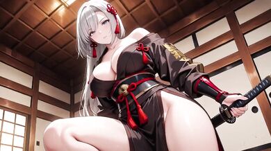 Silver-haired Samurai Seduction Kneeling with Dual Swords Teasing
