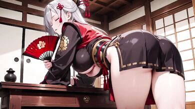Silver-haired Samurai Seduction Kneeling with Dual Swords Teasing