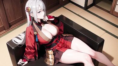 Silver-haired Samurai Seduction Kneeling with Dual Swords Teasing