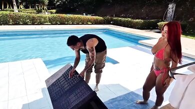 Pool boy gets destroyed rough outdoors by busty boss Alejandra Palacios