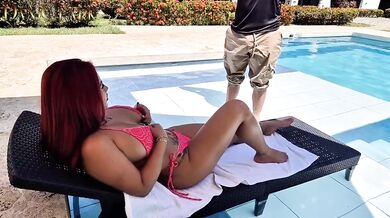 Pool boy gets destroyed rough outdoors by busty boss Alejandra Palacios