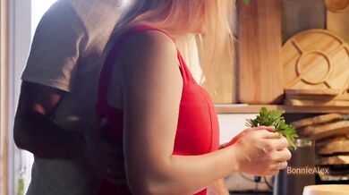 Amateur kitchen sex wife gets fucked from behind while making dinner