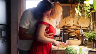 Amateur kitchen sex wife gets fucked from behind while making dinner