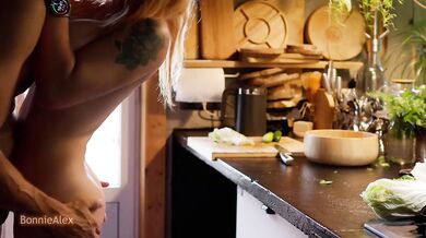 Amateur kitchen sex wife gets fucked from behind while making dinner