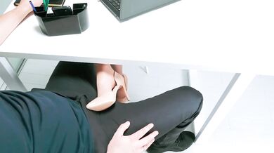 Hot Office Footjob with Stockings cum on feet destroyed her nylon