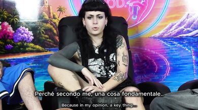 Italian porno star Ferraglia masturbates live on podcast with her tiny tits and hairy pussy