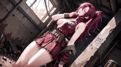 Redhead warrior in ruins her tight combat suit soaked and teases you with a lazy glance back