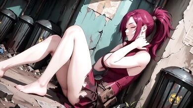 Redhead warrior in ruins her tight combat suit soaked and teases you with a lazy glance back