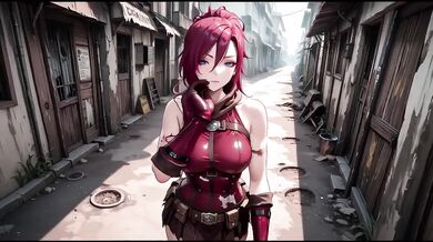 Redhead warrior in ruins her tight combat suit soaked and teases you with a lazy glance back