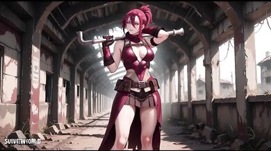 Redhead warrior in ruins her tight combat suit soaked and teases you with a lazy glance back
