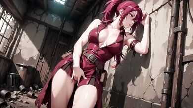 Redhead warrior in ruins her tight combat suit soaked and teases you with a lazy glance back