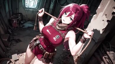 Redhead warrior in ruins her tight combat suit soaked and teases you with a lazy glance back