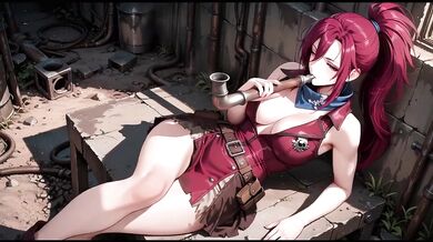 Redhead warrior in ruins her tight combat suit soaked and teases you with a lazy glance back
