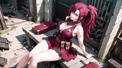 Redhead warrior in ruins her tight combat suit soaked and teases you with a lazy glance back