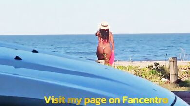 Duct tape micro bikini cameltoe slut flashes on beach without panties
