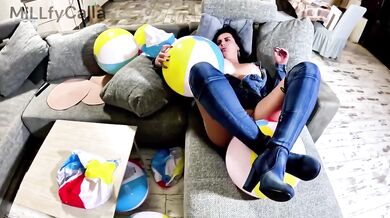 Denim boots on beach ball humiliation deepthroat doggy double cum