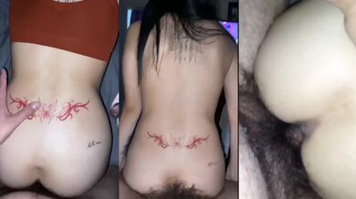 Milf's tattooed ass destroys small tits in rough reverse cowgirl