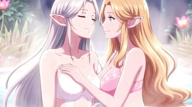 Two hot elves cum together in a magical hot spring