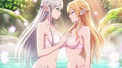 Two hot elves cum together in a magical hot spring