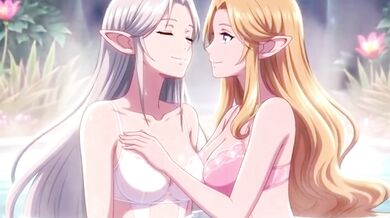 Two hot elves cum together in a magical hot spring