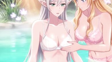 Two hot elves cum together in a magical hot spring