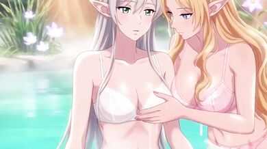 Two hot elves cum together in a magical hot spring