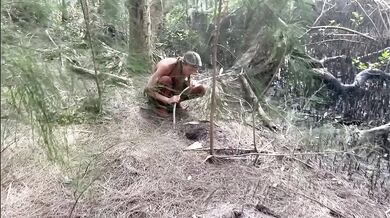 Thanksgiving feast gets messy when milf wife deep throats in the woods