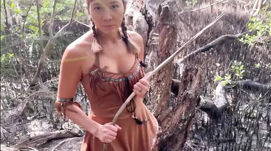 Thanksgiving feast gets messy when milf wife deep throats in the woods