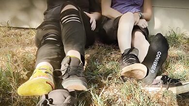 Nike socked toes deep in redhead’s pink soaked pussy