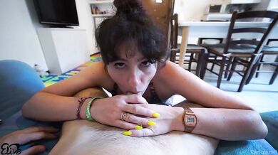 Brunette POV blowjob ruined when thick cum gushes straight down her throat
