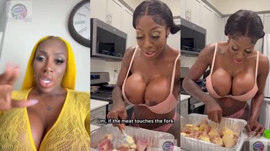 Naked cooking with Ebony's big tits jiggling solo while she whips up a mess