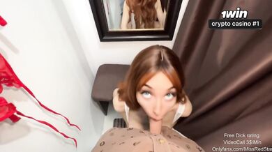 Risky changing room blowjob almost got caught deep throat cum on tits