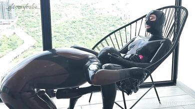 Rubber clad goddess gets throat wrecked on the string chair cum slut