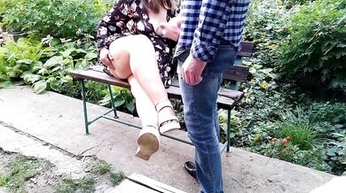 Stepmom stuffs her thick thighs with cum while flashing in the park